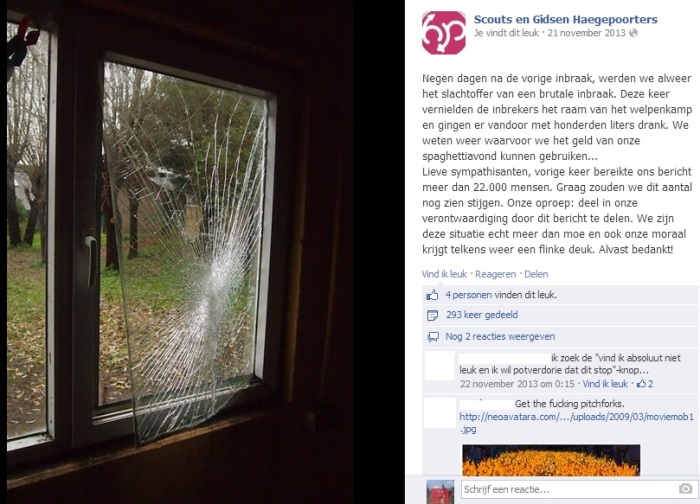 De leidingsploeg van scouts Haegepoorters besloot een foto van de gesneuvelde ruit viraal te laten gaan op Facebook om het probleem van het vandalisme niet zomaar voorbij te laten gaan. - Foto © Nele Hessens